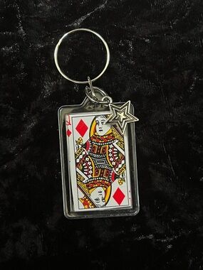 Handmade Queen of Diamonds Keychain with Star Charm - Red, Black, Yellow